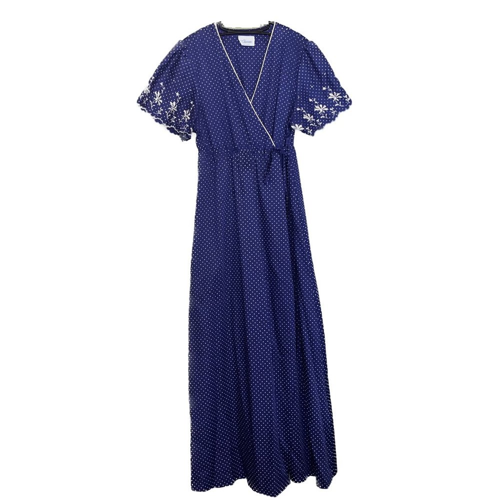 Vintage 1970s Blue & White Polka Dot Prairie Dress